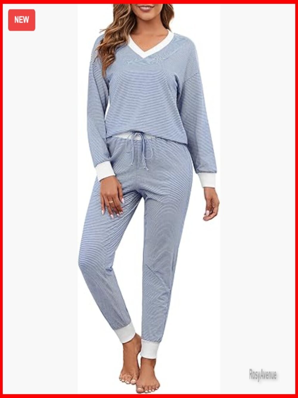 Women Cotton Pajama Sets 2 Piece Lounge Set Stripe Long Sleeve V Neck Pj Set